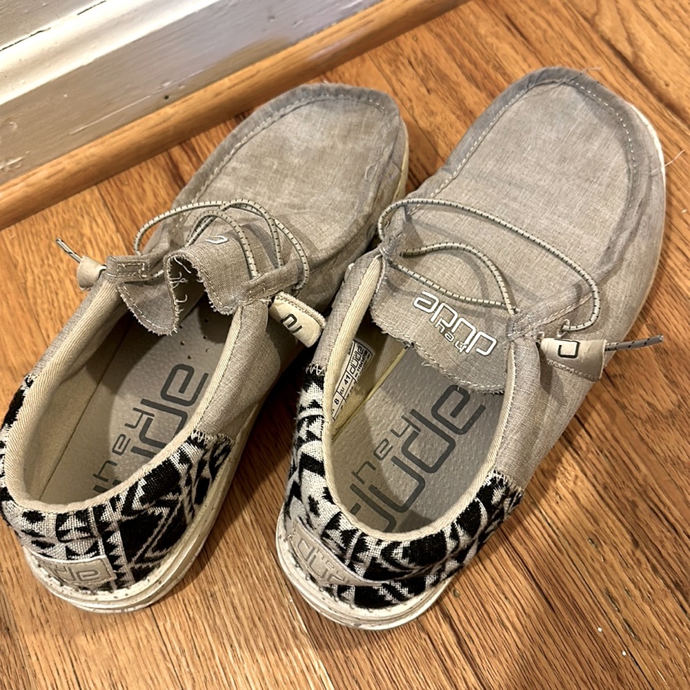 Hey Dude slip in shoes. Grey and black- lots of life left!